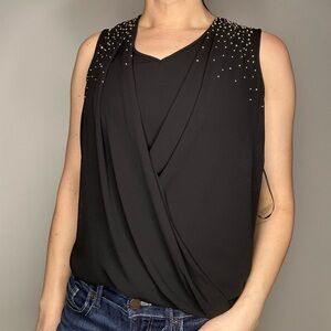Cache Black Gold Bling Sleeveless V Neck Blouse S